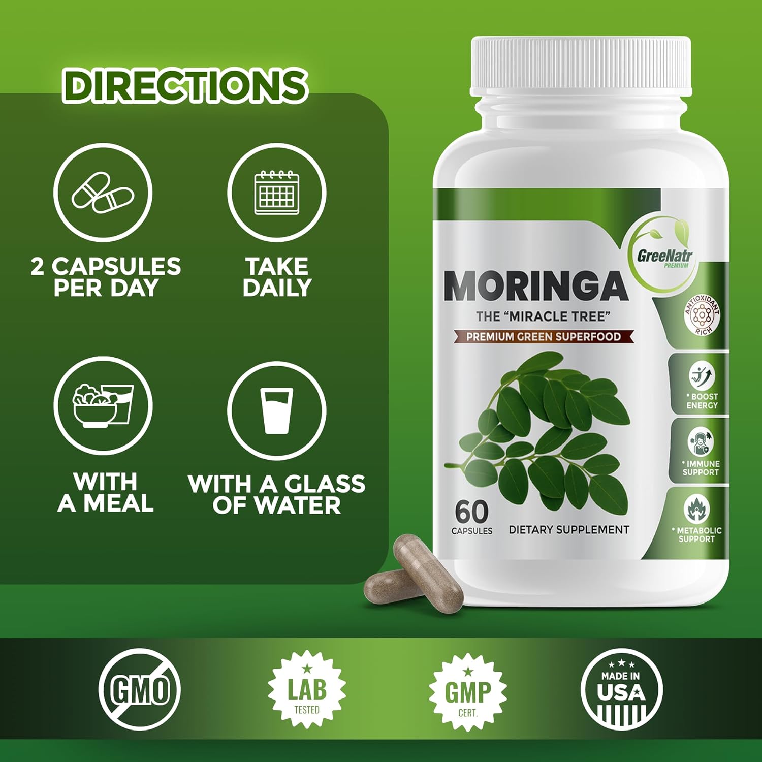 GreeNatr Pure Moringa Oleifera Leaf Extract Plus Ashwagandha with Black Pepper for Enhanced Absorption - Stress Relief, Mood Enhancer with Energy and Cognitive Function Support