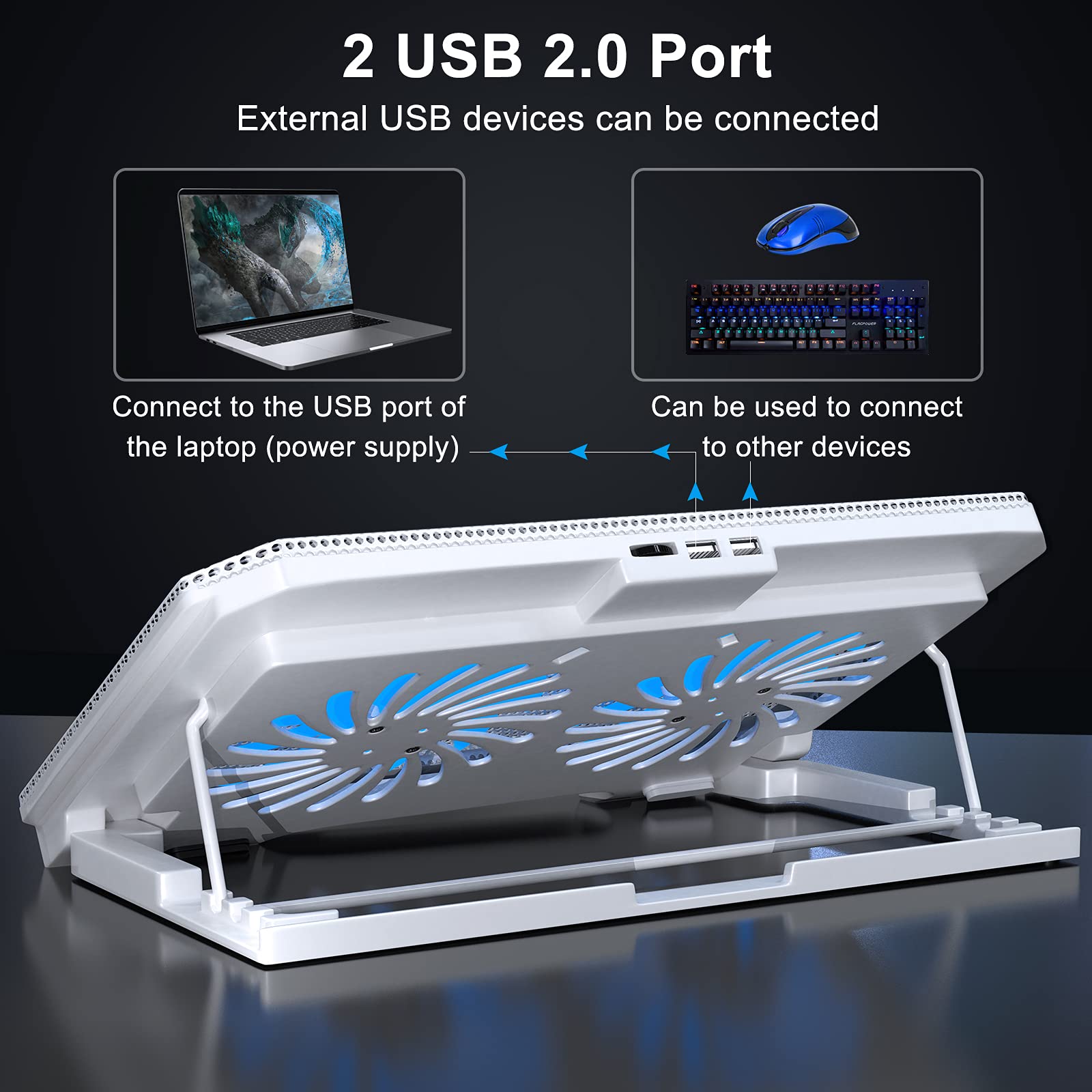 LIENS Tappetino di raffreddamento per laptop con altezza regolabile, due ventole da 5,1 pollici, 2 porte USB, adatto per laptop da 12"-15,6" (bianco)