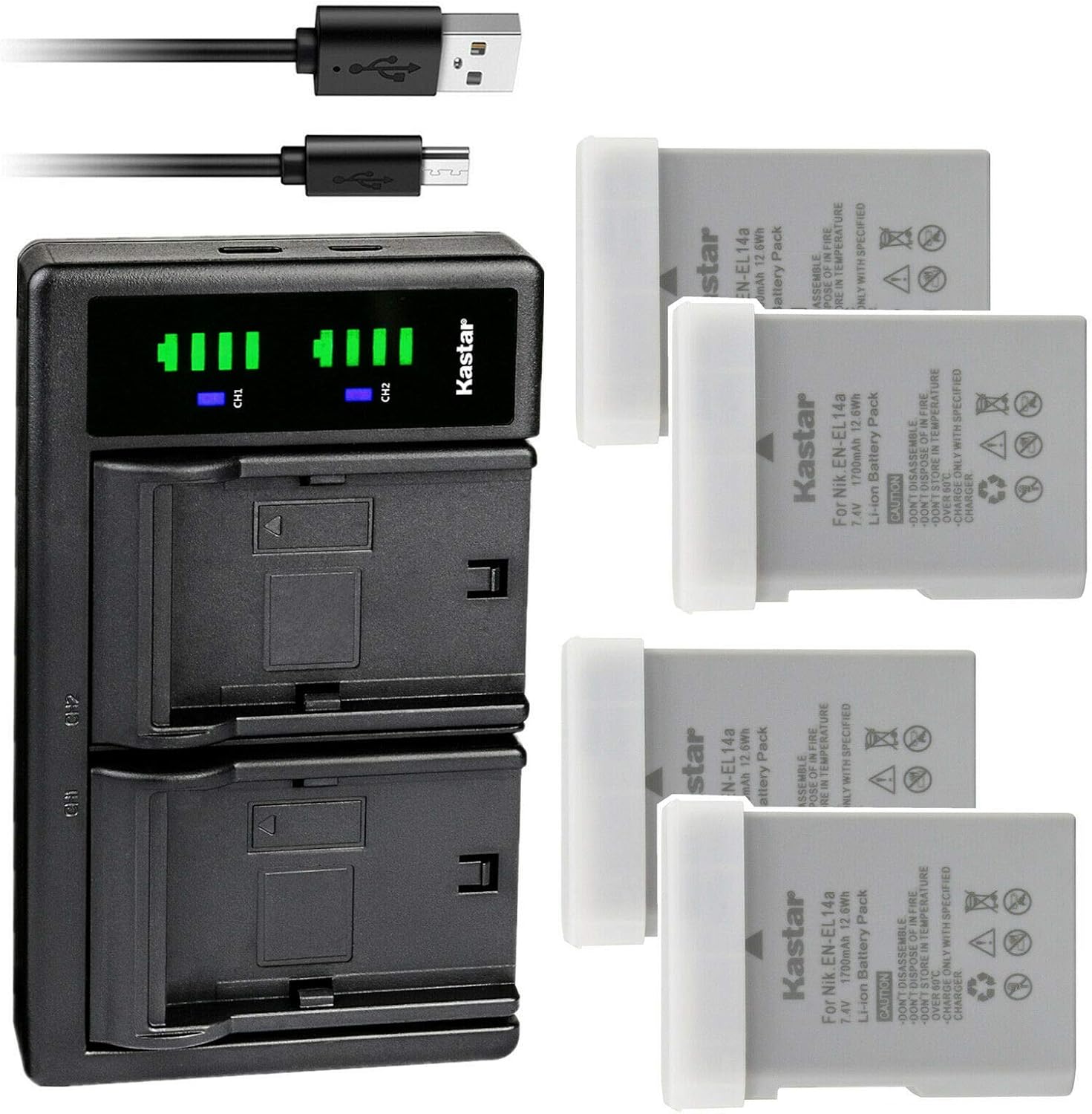 Kastar 4-Pack EN-EL14a Battery & LTD2 USB Charger for Nikon D5300, D5500, D5600, Df, P7000, P7100 Cameras - 8.4V Output, 2.125H Charge Time