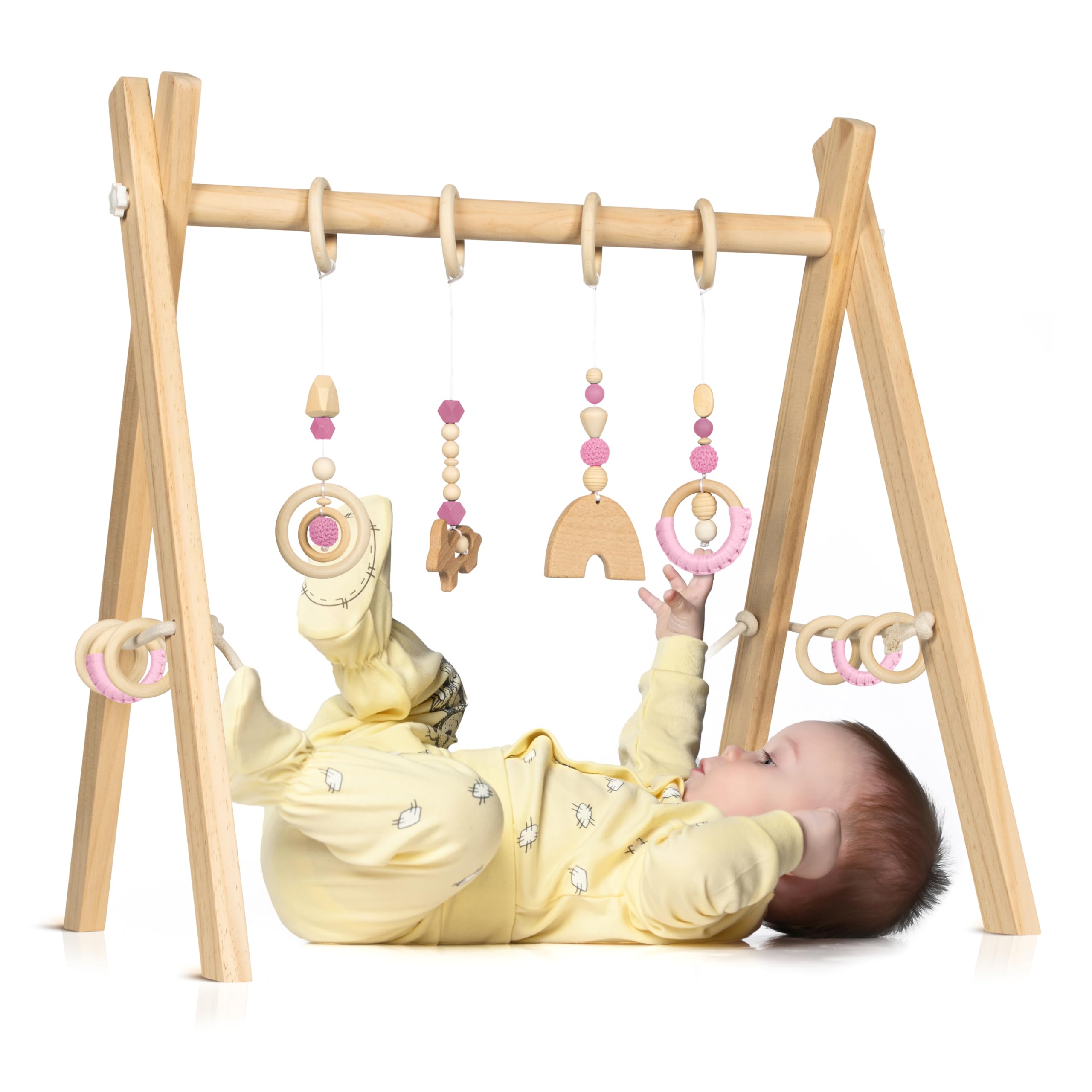 Spielbogen Baby aus Holz für Mädchen - Schadstofffreis Spieltrapez Baby Spielzeug ab 0 Monaten für Wohnung und Kinderzimmer mit Activity Holz-Spielzeug
