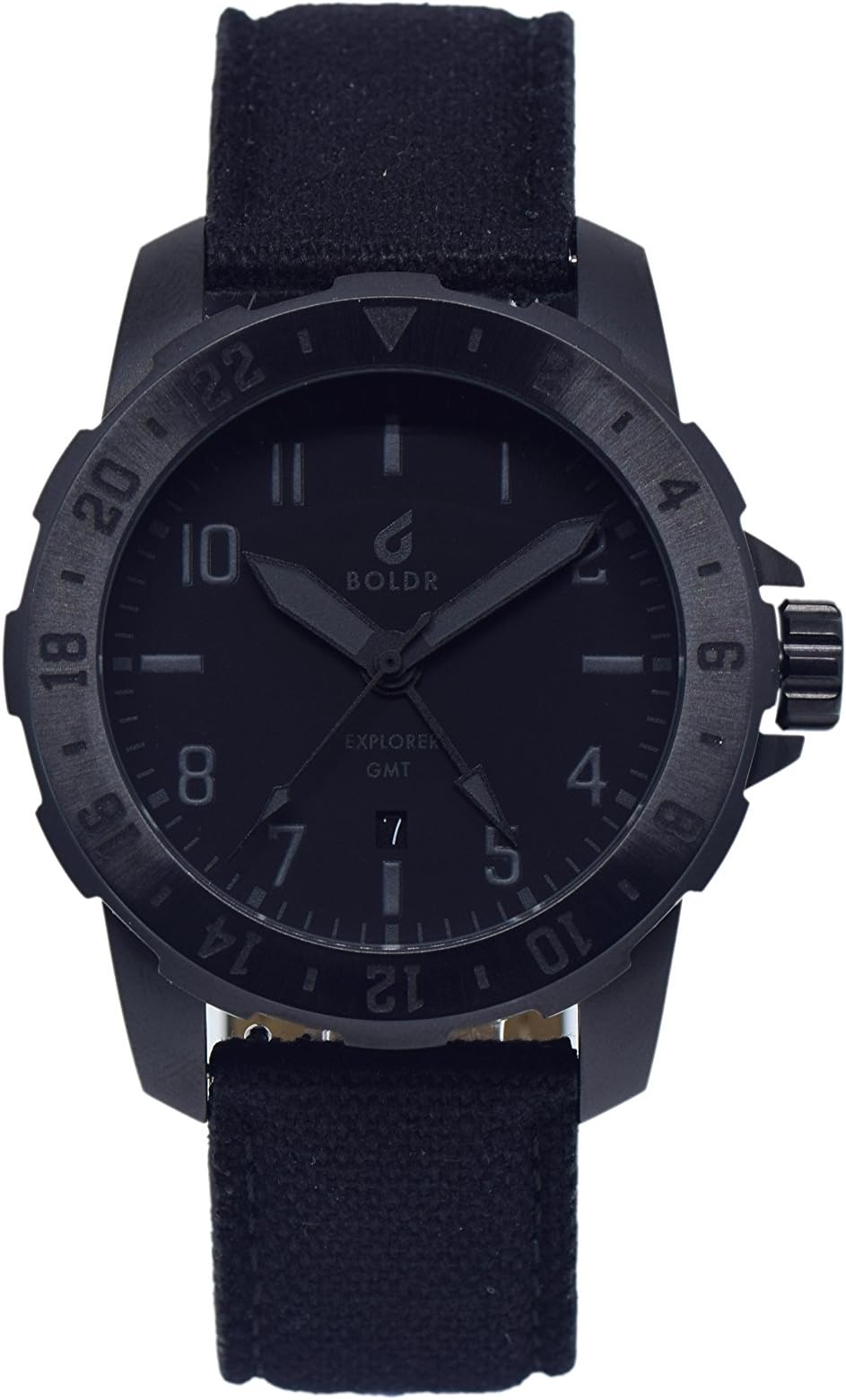 Boldr Explorer GMT Swiss Quartz Battery Watch with Glow in The Dark Lume Hands & Canvas Leather Strap - Stealth Watch