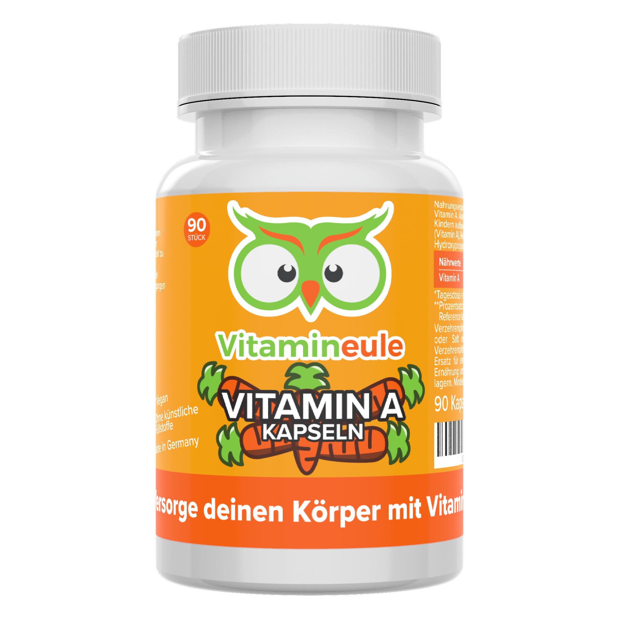 Vitamin A Kapseln - hochdosiert 10.000 IE (3.000 µg) - Produktion in Deutschland - bioaktiv & vegan - laborgeprüft - Retinylacetat (Retinol) - ohne Zusatzstoffe - für Haut & Sehkraft - Vitamineule®