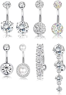 8 Pcs 14G Pearl Navel Rings Dangle Belly Button Ring 316L Stainless Steel CZ Reverse Navel Rings for Women CZ Reverse Navel Rings Curved Barbell Body Piercing Jewelry