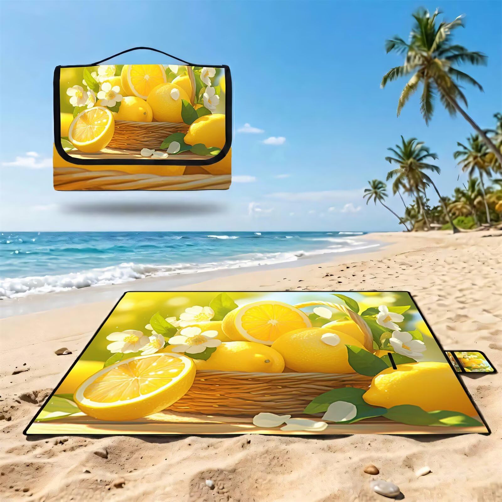 Couverture de Pique-Nique Grande 200x300cm,Outdoor Couverture Imperméable,Pliable Tapis de Plage Dos en PVC Anti-Sable,Picnic Blanket pour Camping Accessoires,Jardin,Parc,Famille - Fruit,citron UZ-542