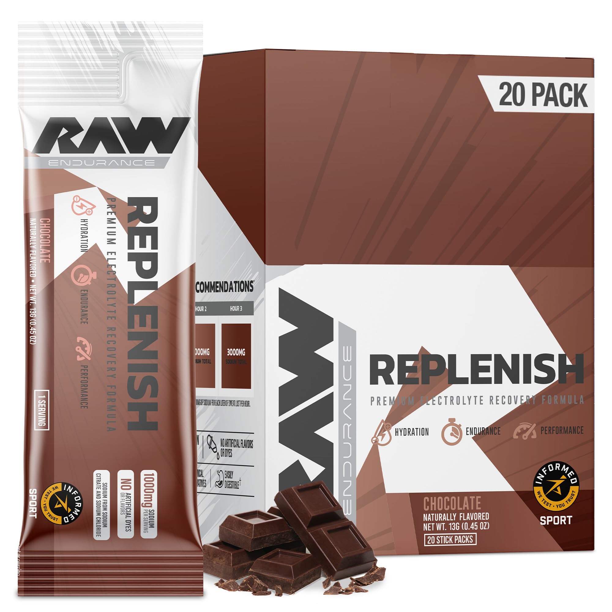 RAW Replenish Packets, Premium Electrolytes Powder Recovery Formula, Chocolate (20 Stick Packs) - Flavored Electrolyte Drink Mix for Hydration, Replenishment, Endurance & Performance Workouts