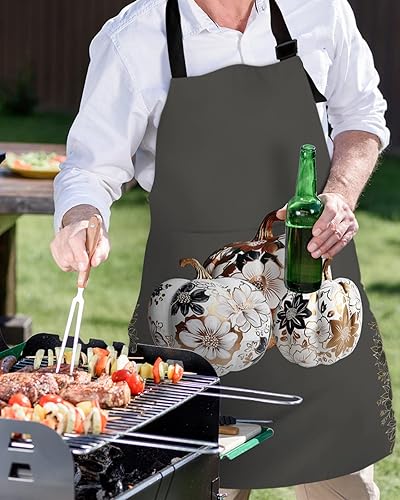 Miniatura 5 de Thanksgiving Fall Bib Aprons with Pockets Waterproof, Adjustable Apron for Men Women Pumpkin Harvest Floral Botanical Grey