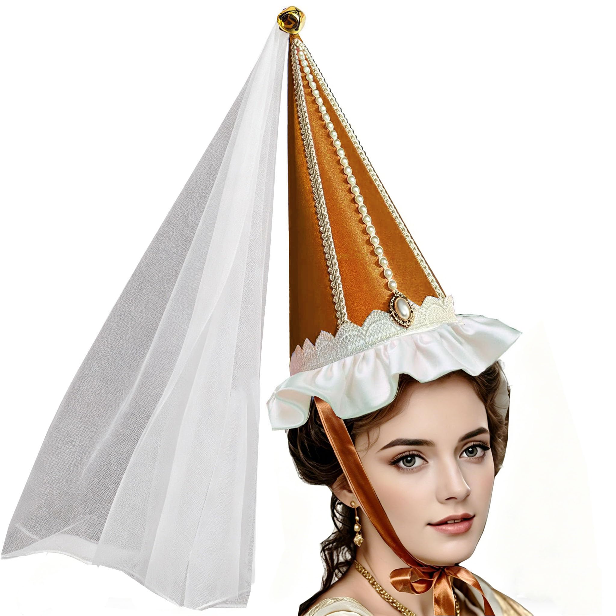 Unykaflor Womens Medieval Hennin Hat with Veil,Cone Pointy Hat for Halloween Christmas Renaissance Costume Party — image 1
