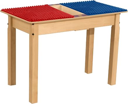 Contender Kids 35W X 15.5D Rectangular Montessori Compatible with Duplo Building Blocks Desk with a Trough, Childrens Solid Wood Red & Blue Playroom Desk [20" Long Legs]