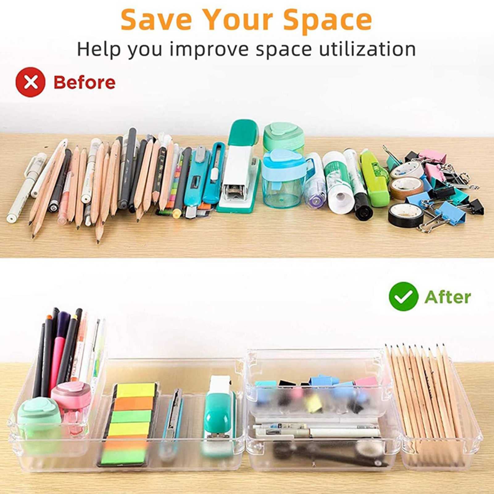 Set di organizzatori di cassetti in plastica Trasparente da 28 Pezzi, vassoi da Bagno Versatili e vanità 4-Misura, for Trucco, Gioielli, Utensili da Cucina e Ufficio