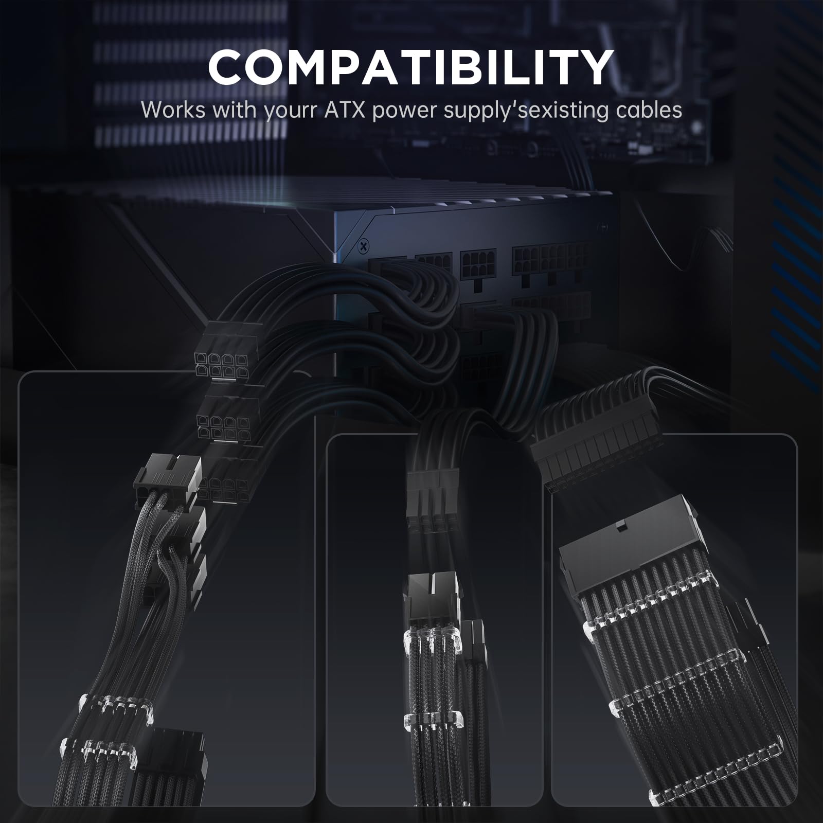 AsiaHorse PCIE 5.0 12VHPWR Zestaw kabli z oplotem, przedłużacz PSU 16AWG, PC Netzteil Sleeved Kable, kabel przedłużający 24PIN-ATX/(4+4) PIN-CPU/(12+4) PIN-GPU, 30CM, czarny