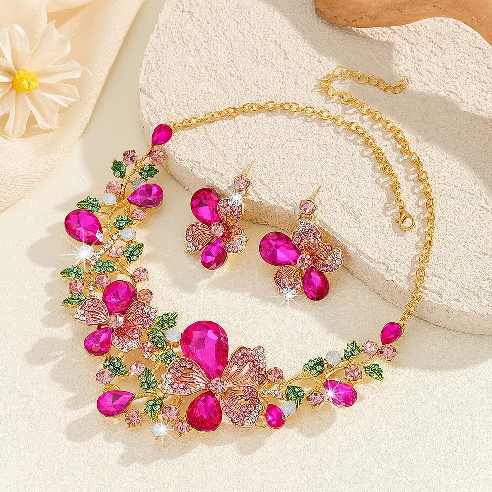 Missgrace Retro Indian Green Colorful Rhinestones Flower Bridal Wedding Jewelry Sets Crystal Pink Choker Necklace Earrings Set Prom Chunky Floral Bar Party Dainty Necklace Earrings for Women - Image 5