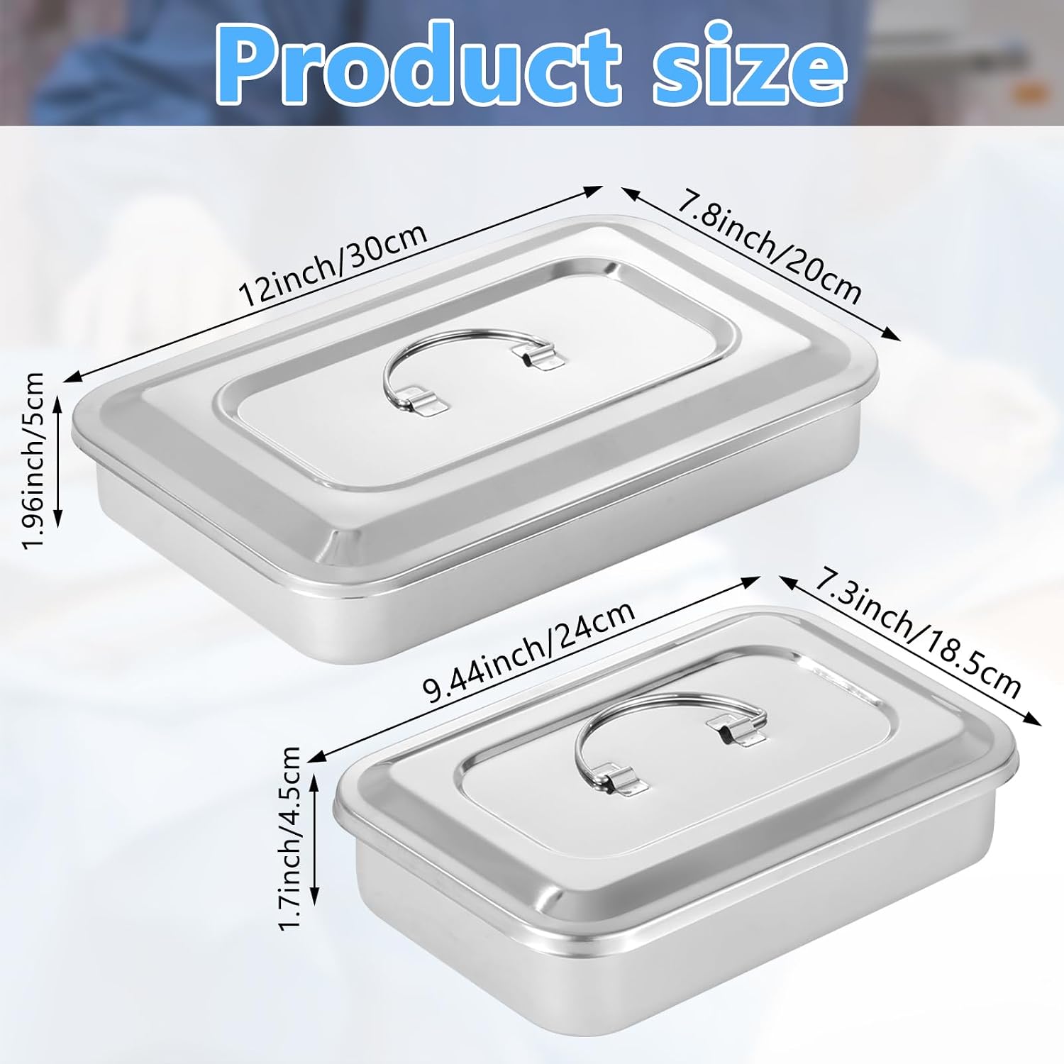 2 PCS Medical Surgical Trays, 201 Stainless Steel Instruments Tray Organizer Holder with Lid and Handle Grip for Medical Surgical Dental Lab Instruments (12 Inch+9.5 Inch)