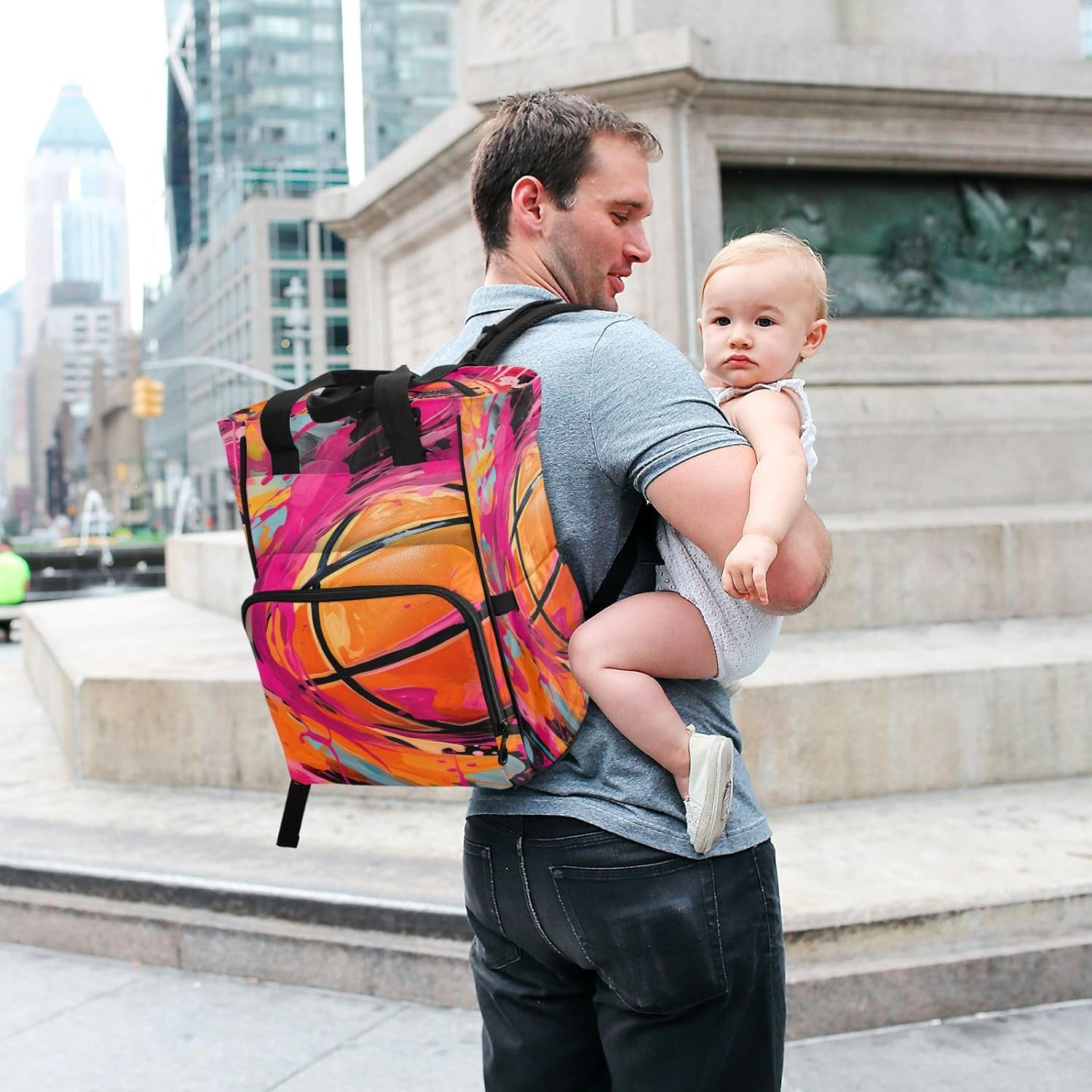 Watercolor Pink Basketball Diaper Bag Travel Backpack Large Capacity Tote Mom Bags for Dad Women Girls