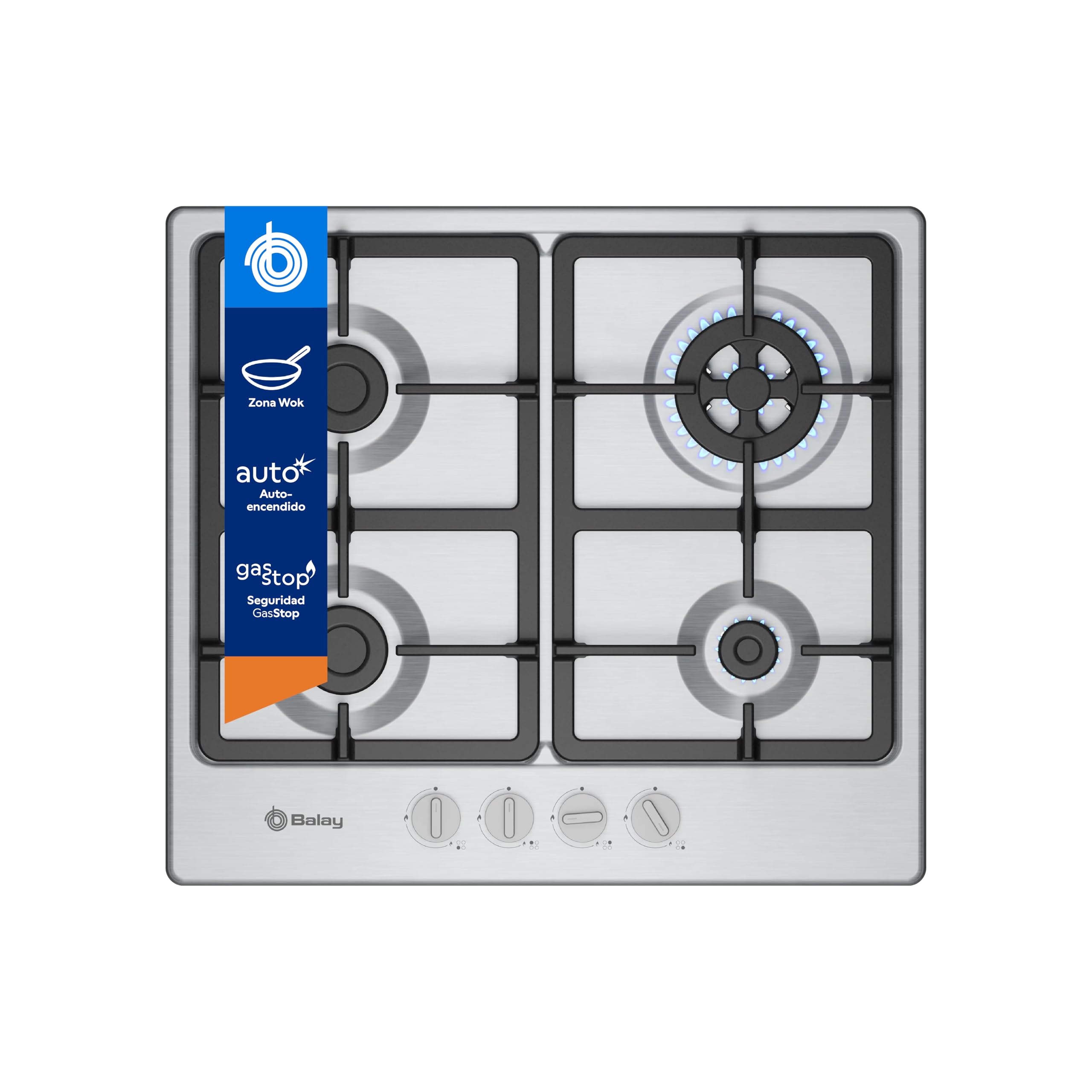 Balay - Placa de Gas, 60 cm de ancho, 4 Zonas de Cocción, Control de llama, Autoencendido, GasStop, blanco, 3ETX565CB