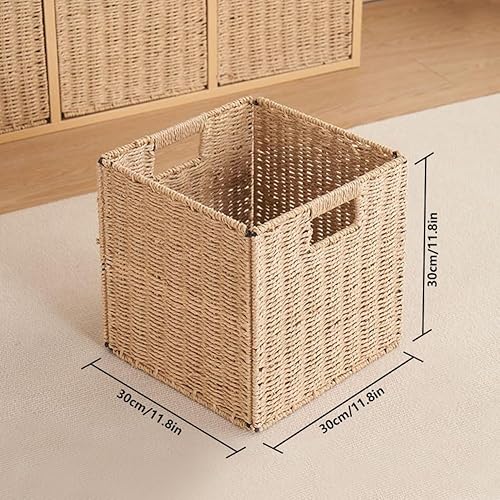 Miniatura 7 de Ukontagood Paquete de 8 cestas de mimbre de 11.8 pulgadas, cestas de almacenamiento de cuerda de papel tejidas a mano, cubos plegables, organizador