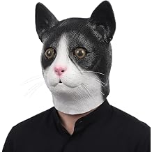 MAKEATREE Realistic Cat Mask for Adults, Black and White Latex Full Head Cat Mask for Halloween Costume, Novelty Animal Party Props, Unisex