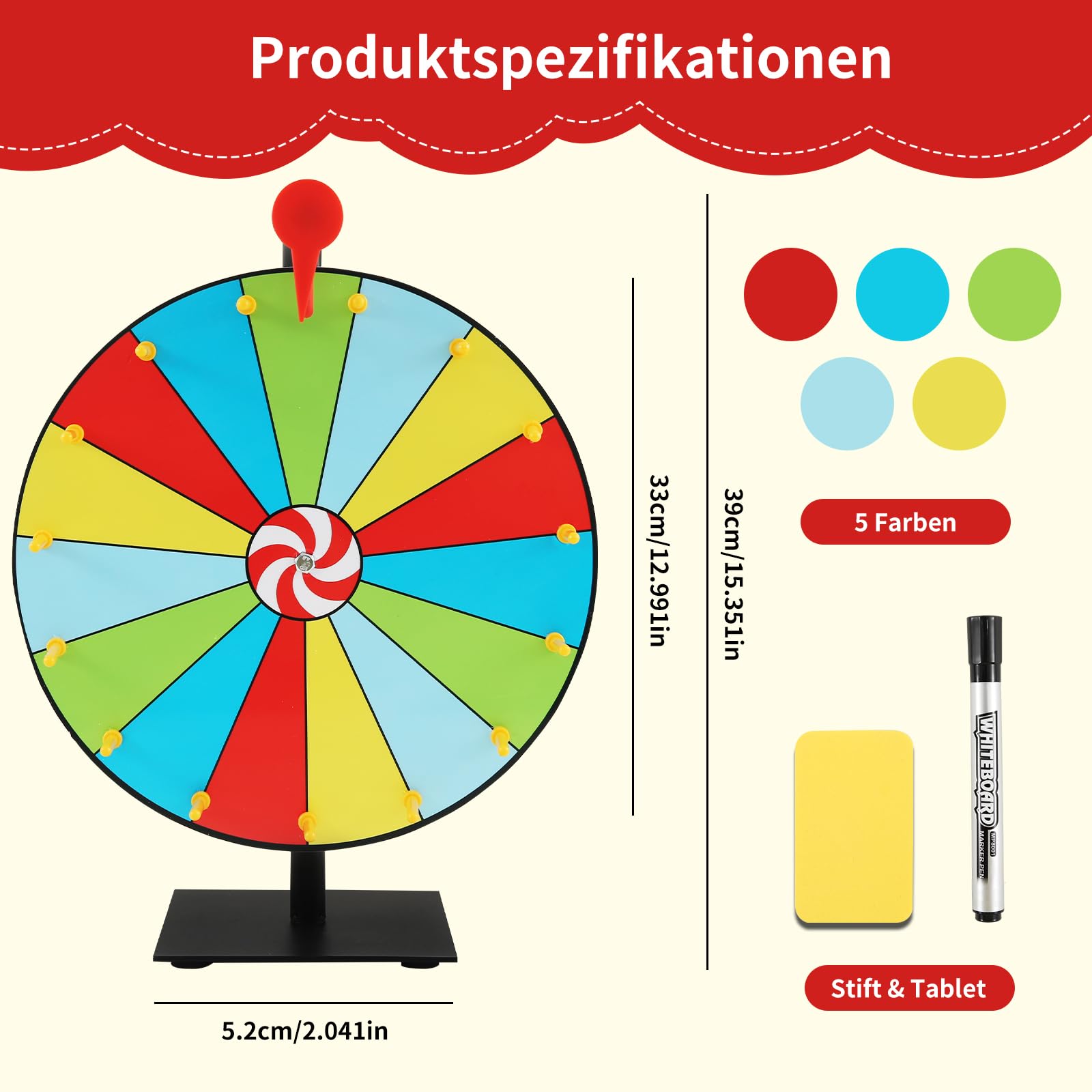 Glücksrad zum Drehen, 30cm gluecksrad gluecksrad,15 Slots Glücksrad zum Selbstgestalten, mit Markeund und Radiergummi, für Gewinnspiele, Wortspiele, Partys