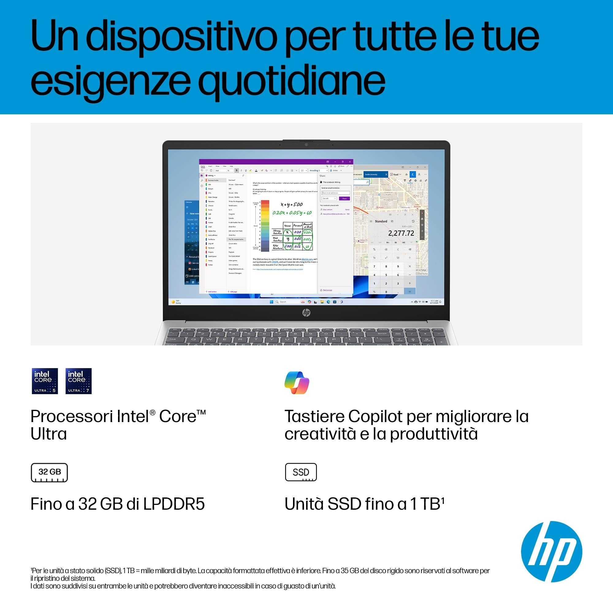 HP Laptop 15-fd1003sl, PC Portatile 15", Display FHD, Notebook, (Intel Core Ultra 7 155H, RAM 16GB, SSD 1TB, Windows 11), Computer Portatile, Uso quotidiano, Tastiera Italiana, QWERTY, Argento