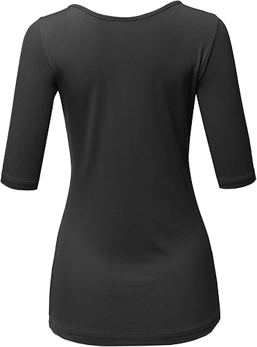 Miniatura 4 de SSOULM Camiseta básica elástica de manga 12 con cuello redondo y corte ajustado para mujer, talla grande