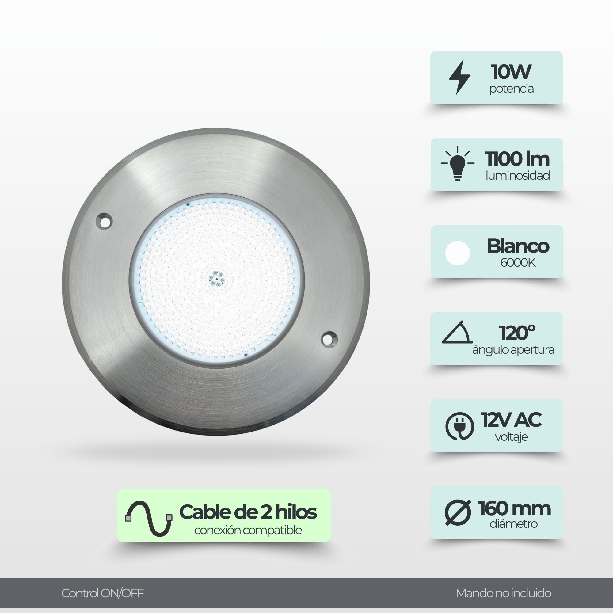 SWIMHOME Warmpool Foco LED Mini para Piscina Extraplano Acero Inoxidable Blanco Frío 6000K IP68 Resina Ø16cm 10W 12V AC