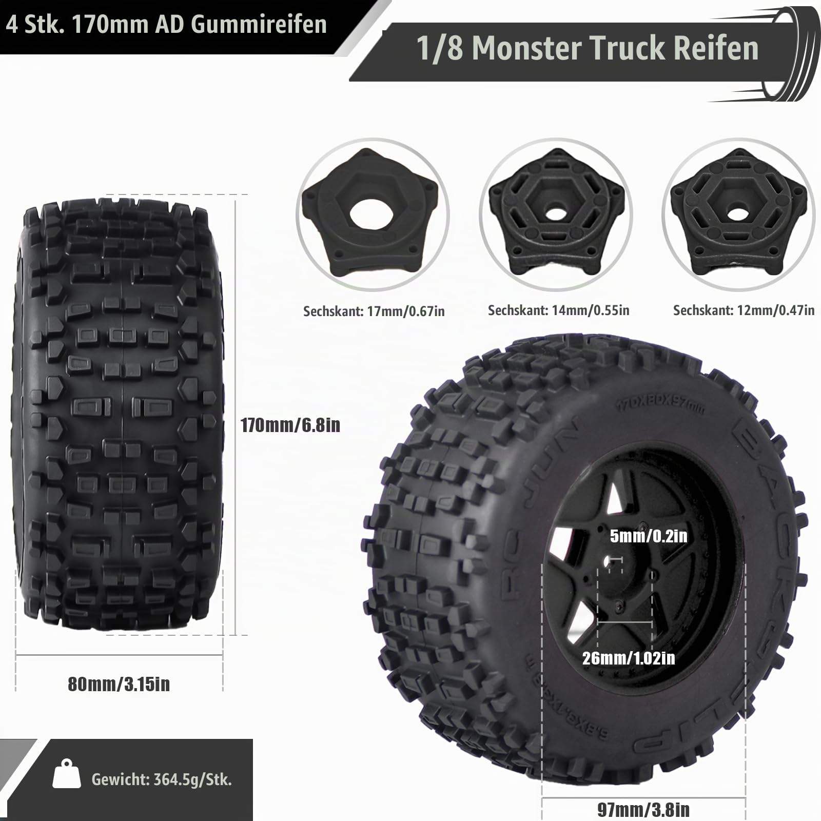 3,8 Zoll MT Monster Truck Reifen mit Schaumstoffeinlage - Inklusive 17mm/14mm/12mm Hexadapter, Kompatibel mit TRAXXAS Sledge, ARRMA KRATON, Outcast, Tamiya, HSP (4er-Set), Ersatzteil für AR510092