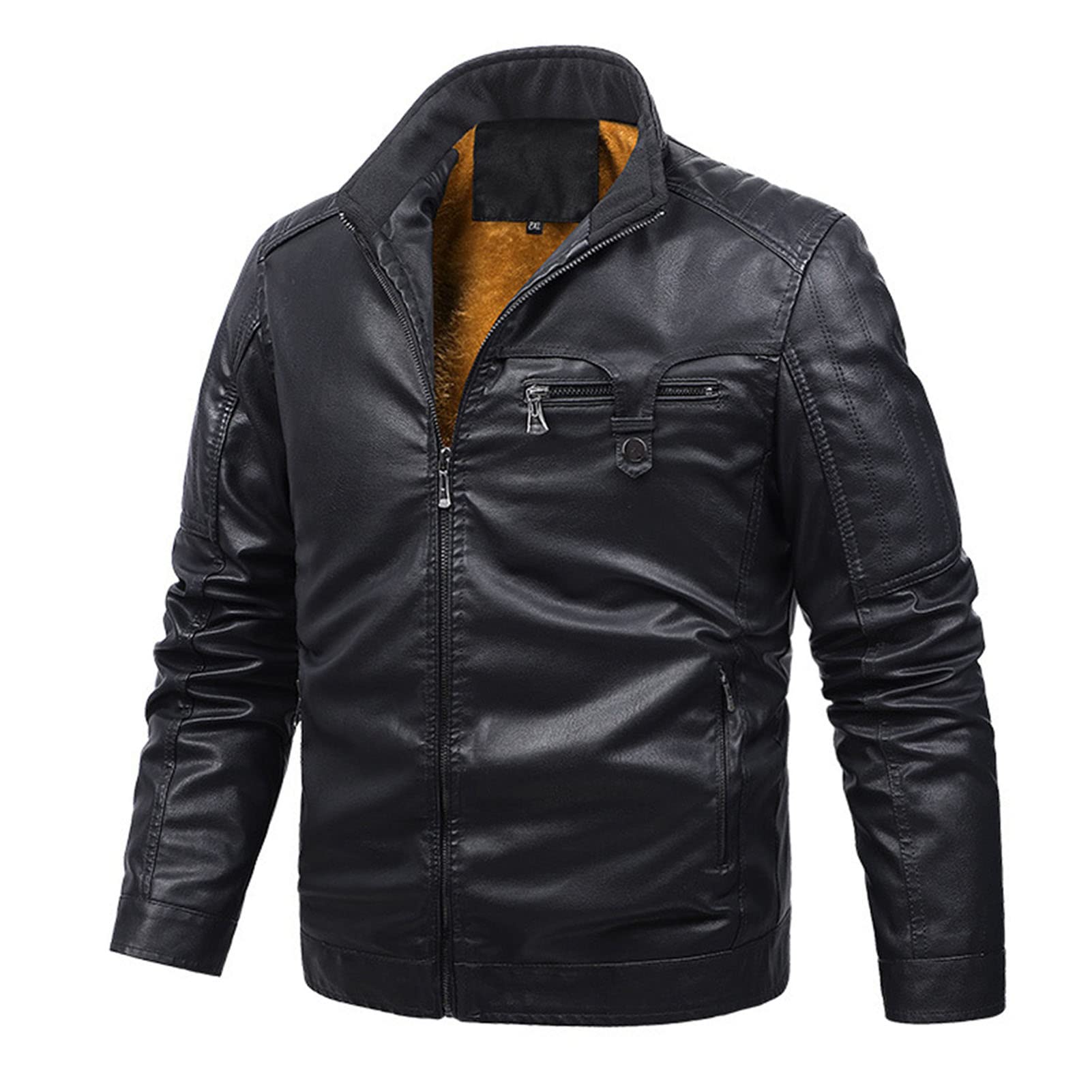 Maiyifu-GJ Men Vintage Stand Collar Leather Jacket Faux Leather Fleece Lined Motorcycle Jacket Lightweight PU Zip Up Outwear (Black 2,X-Large)