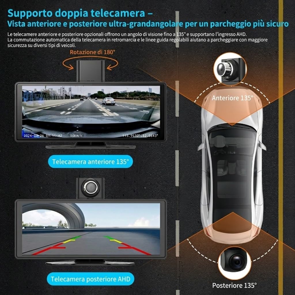 Schermo CarPlay Auto 10,26", Car Play per Auto Wireless e Android Auto, Dash Cam 4K, Supporto Retrocamera 1080P, Schermo per Auto IPS Touch, Mirror Link, BT/FM/AUX, TF 64GB, Plug and Play 12V/24V