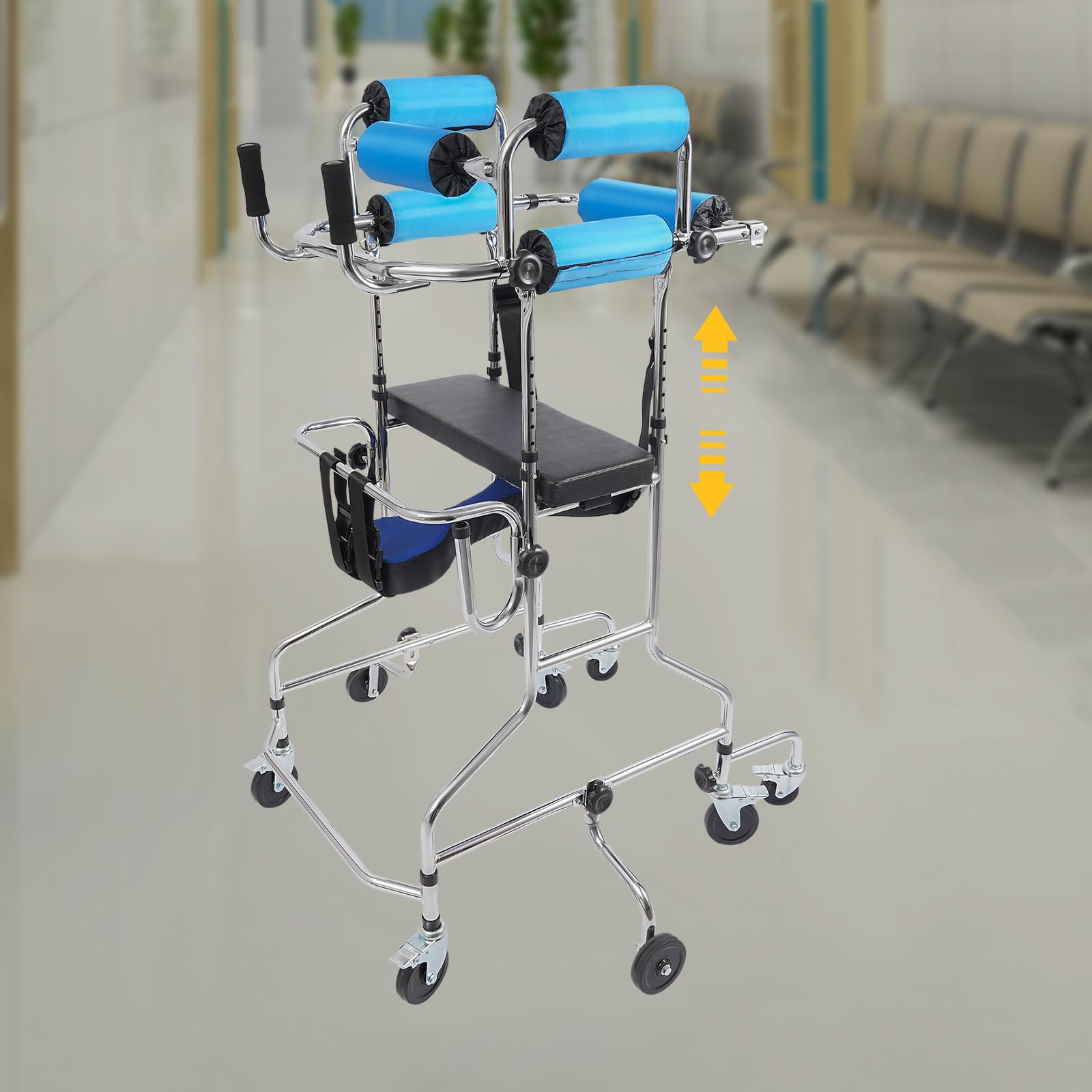 Adult Standing Walker, Elderly Hemiplegia Rehabilitation Standing Frame, Lower Limb Training Aid with Seat for Seniors Disabled, Adjustable Height, withstands 220 lbs, Walker with 8 Wheels (Brake)