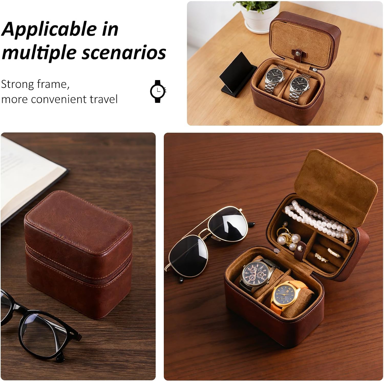 Travel Watch Case for Men,Compact PU Leather Watch Travel Box with Zipper for 2 Watches for Men & Essentials Organizer(Brown)