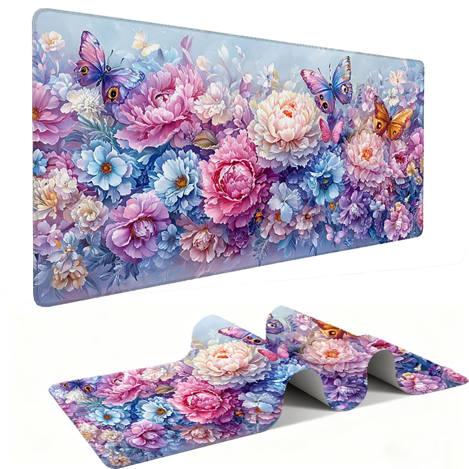 Podkładka pod mysz do gier, XXL, duża podkładka pod mysz do gier, 120 x 60 cm, grubość 3 mm, antypoślizgowa i wodoodporna podkładka komputerowa z krawędziami, do biura/domu (kolorowe kwiaty piwonii