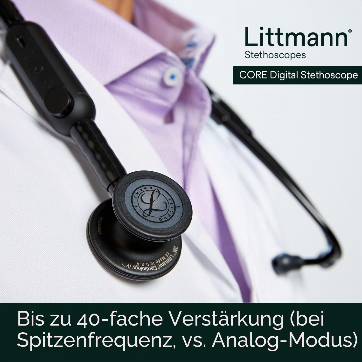 Littmann CORE Digital Stethoskop, 8490, Schlauch Schwarz | Schwarzes Bruststück. Bis zu 40-fache Verstärkung und aktive Geräuschunterdrückung. Für Ärzte und Medizinstudenten