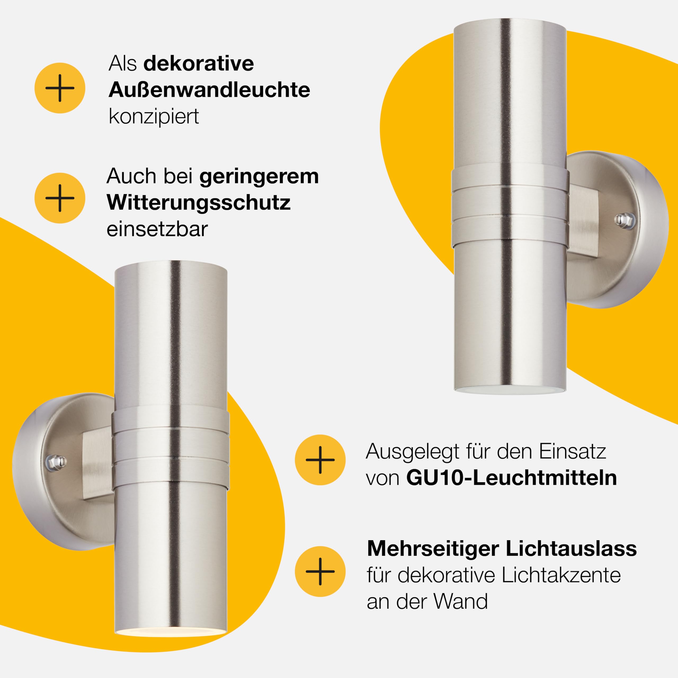 Brilliant Lampe Hanni LED Außenwandleuchte 2flg edelstahl | 2x LED-PAR51, GU10, 3W LED-Reflektorlampen inklusive, (250lm, 3000K) | IP-Schutzart: 44 - spritzwassergeschützt