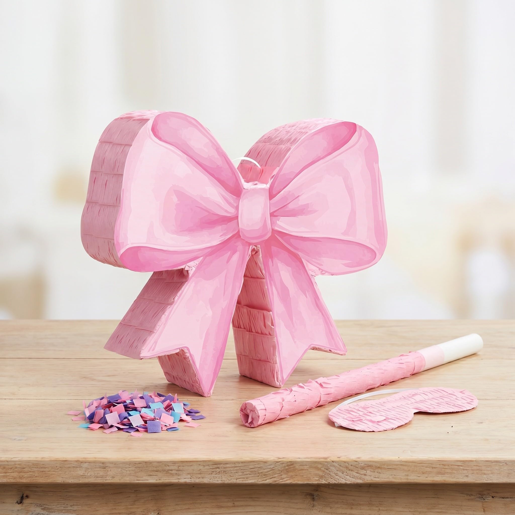 Operitacx Piñata rosa con lazo para niña, el set de piñata rosa con lazo incluye un palo, una máscara para los ojos y confeti, lindas decoraciones para fiestas de cumpleaños, artículos para fiestas