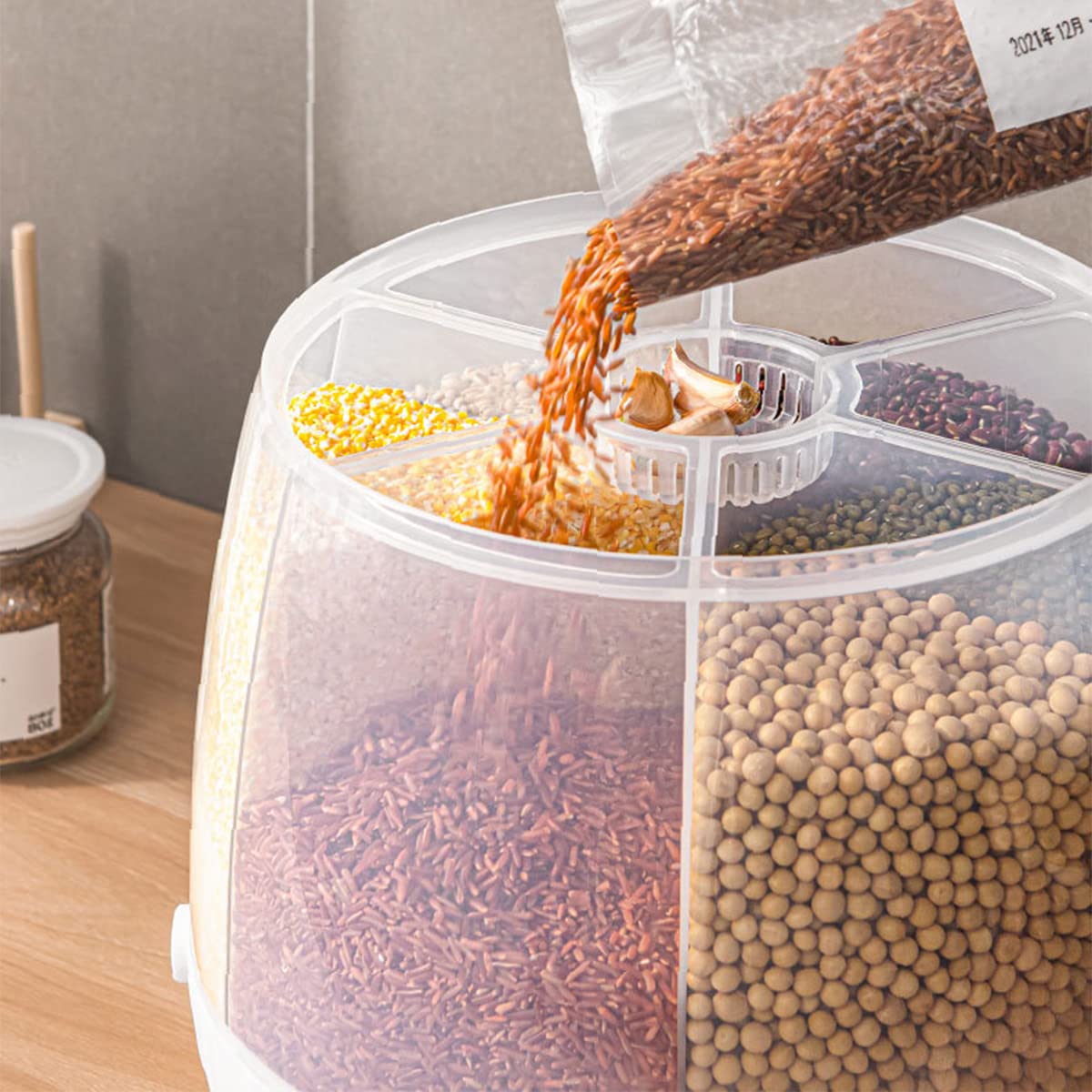 HANQ Dispenser di Cereali, Contenitore per Alimenti A Prova D'umidità per Uso Domestico Rotante A Tenuta Stagna di Grande capacità con Tazza, Distributore di Riso per Soia di Riso per Alimenti Secchi