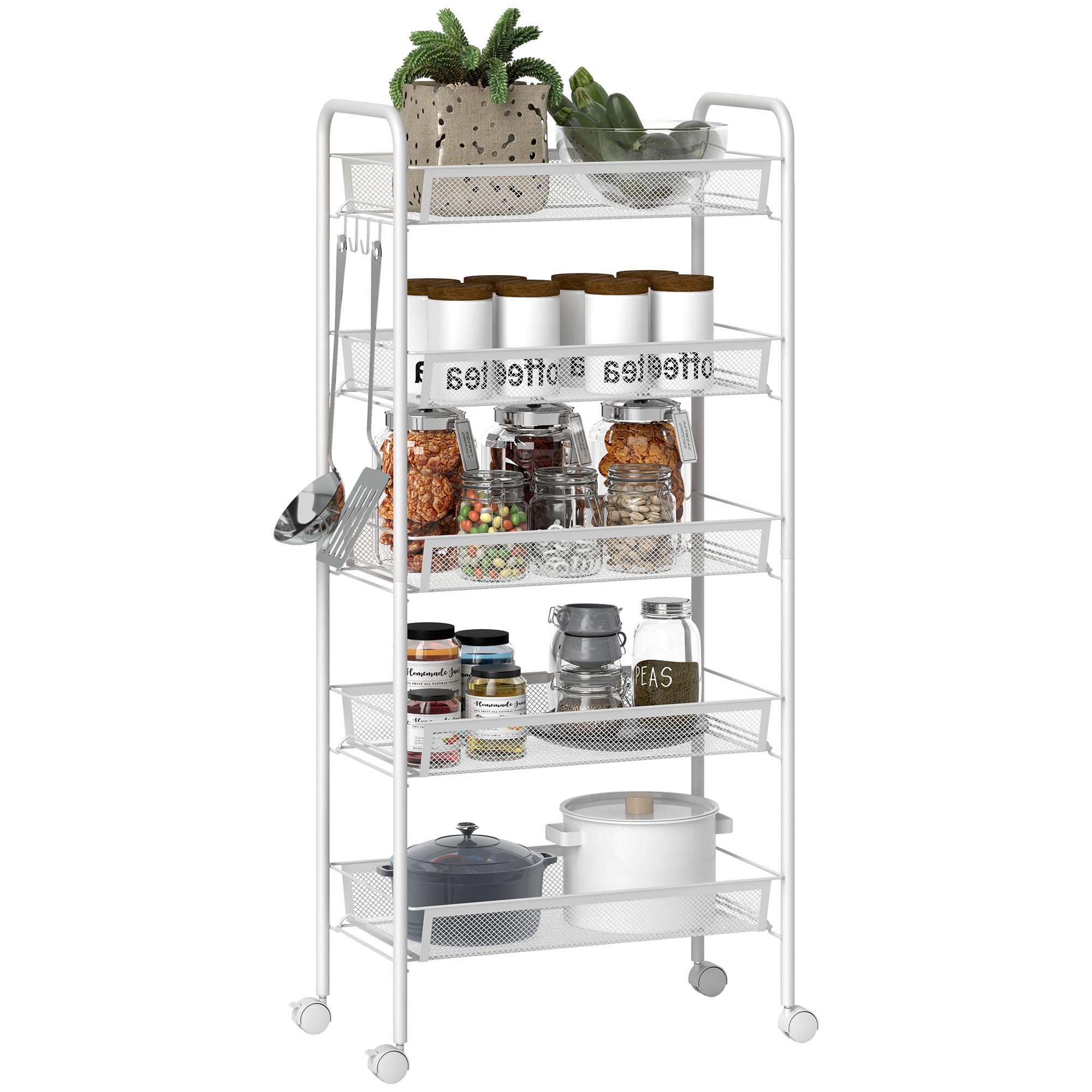 HOMCOM 5 Tier Utility Rolling Cart with Removable Mesh Baskets in White