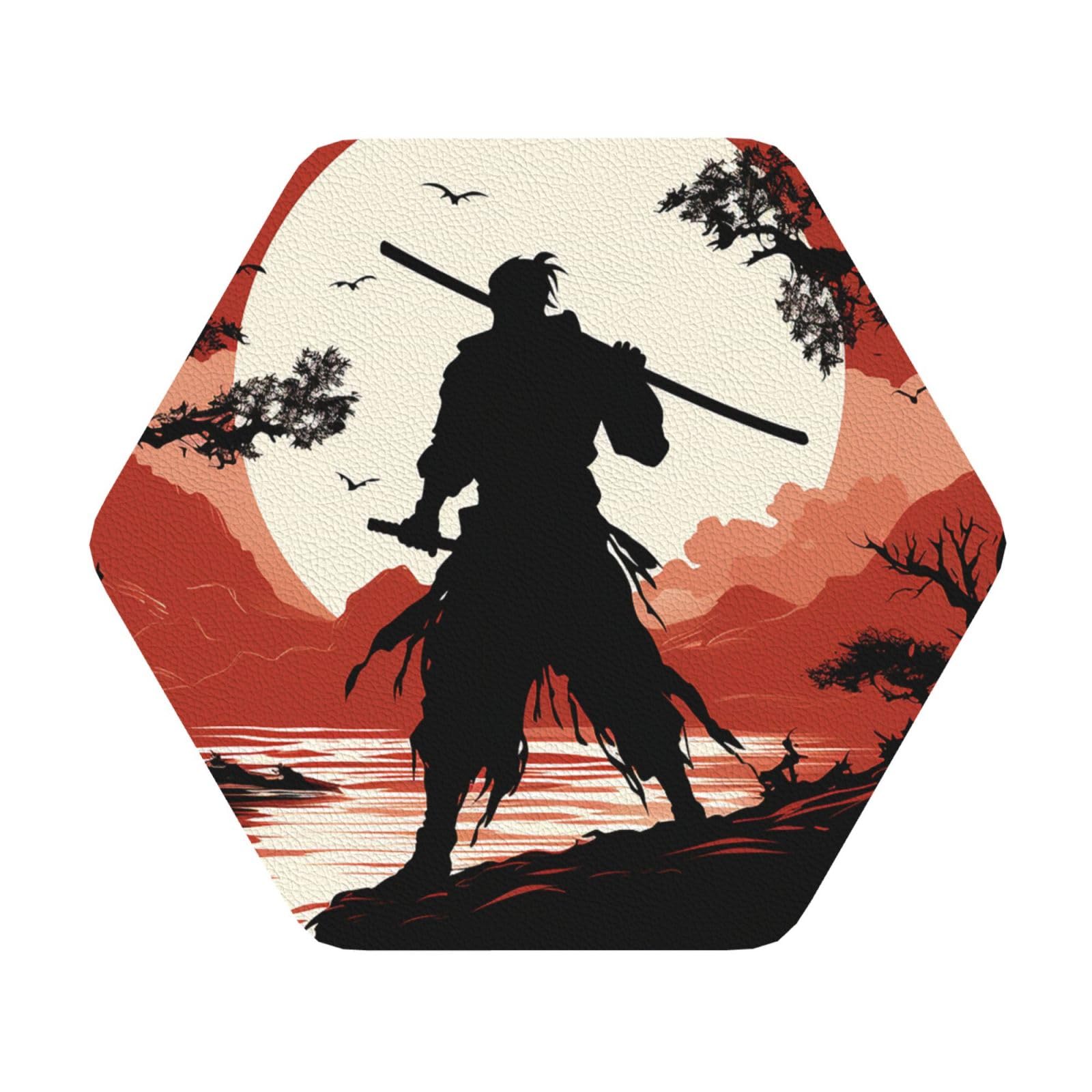 Fodpand Hexagon Samurai Drink Coasters Set Of 4, Heat Resistant Leather Coasters Fuuny Bar Beer Beverage Coaster For Drinks, Absorbent Cup Mat For Tabletop Protection, Housewarming Gift