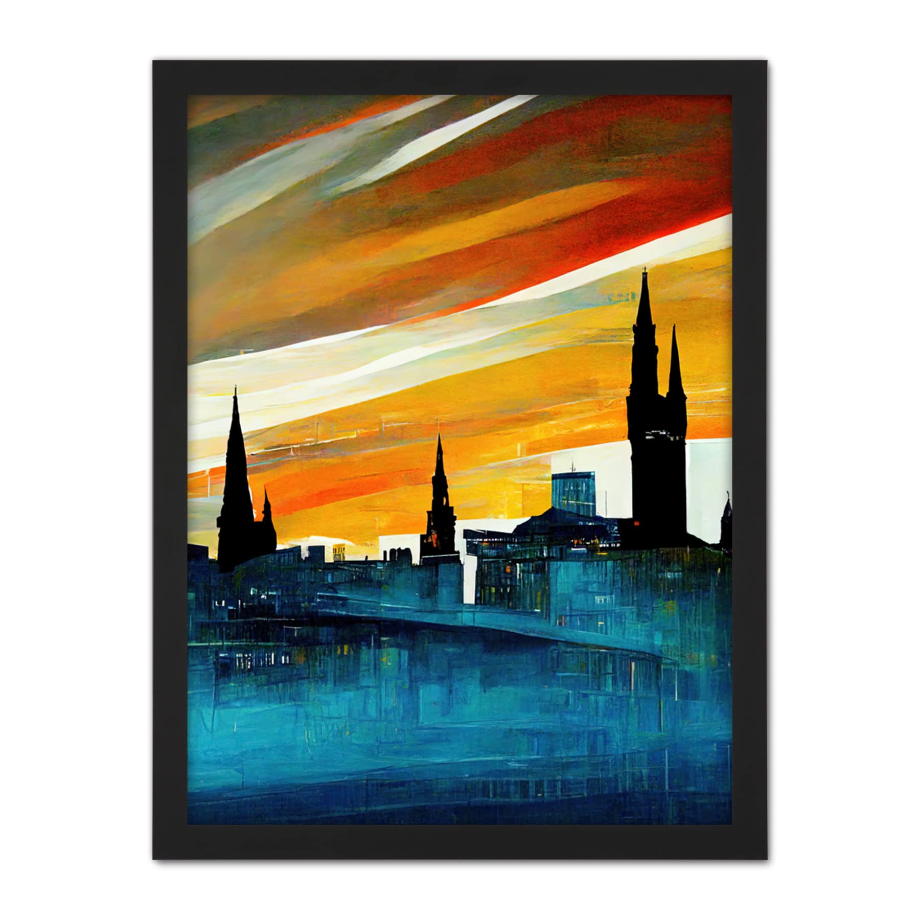 Doppelganger33 LTD Dramatic Glasgow City Skyline Modern Artwork Framed Wall Art Print 18X24 Inch