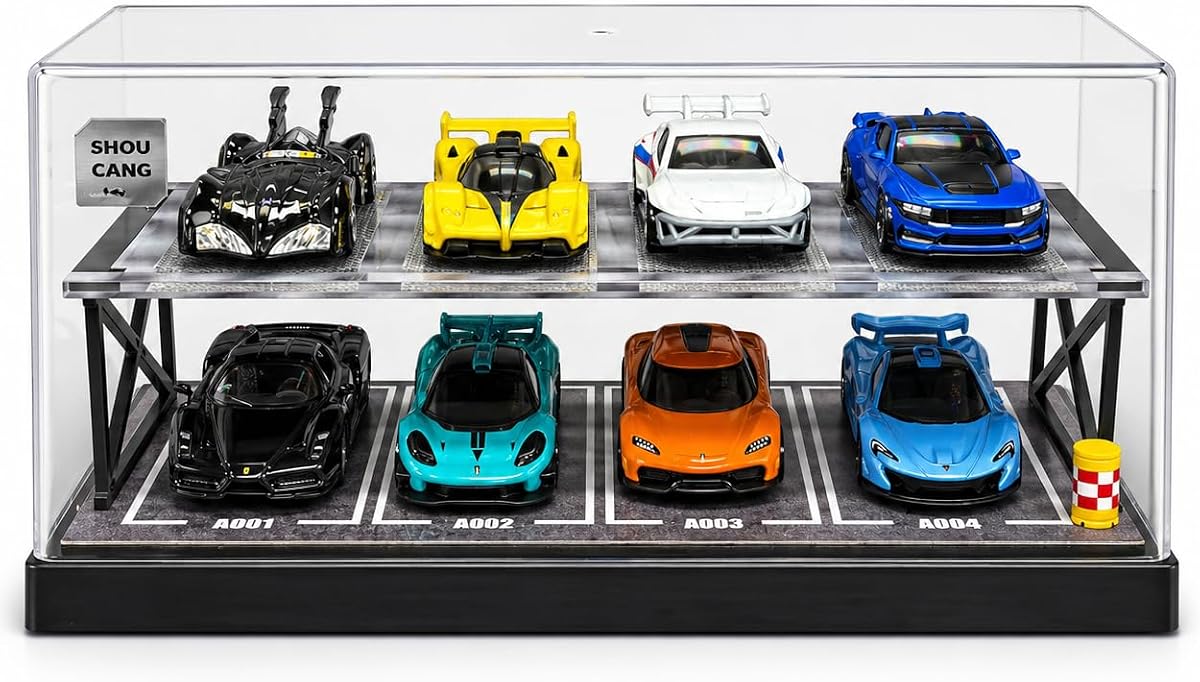 Display Case for Hot Wheels: 1 64 Diecast Cars Display, Holds 8 Cars | 2-Tier Parking Garage with Clear Dustproof Cover, Freestanding Storage Organizer, Compatible with Matchbox