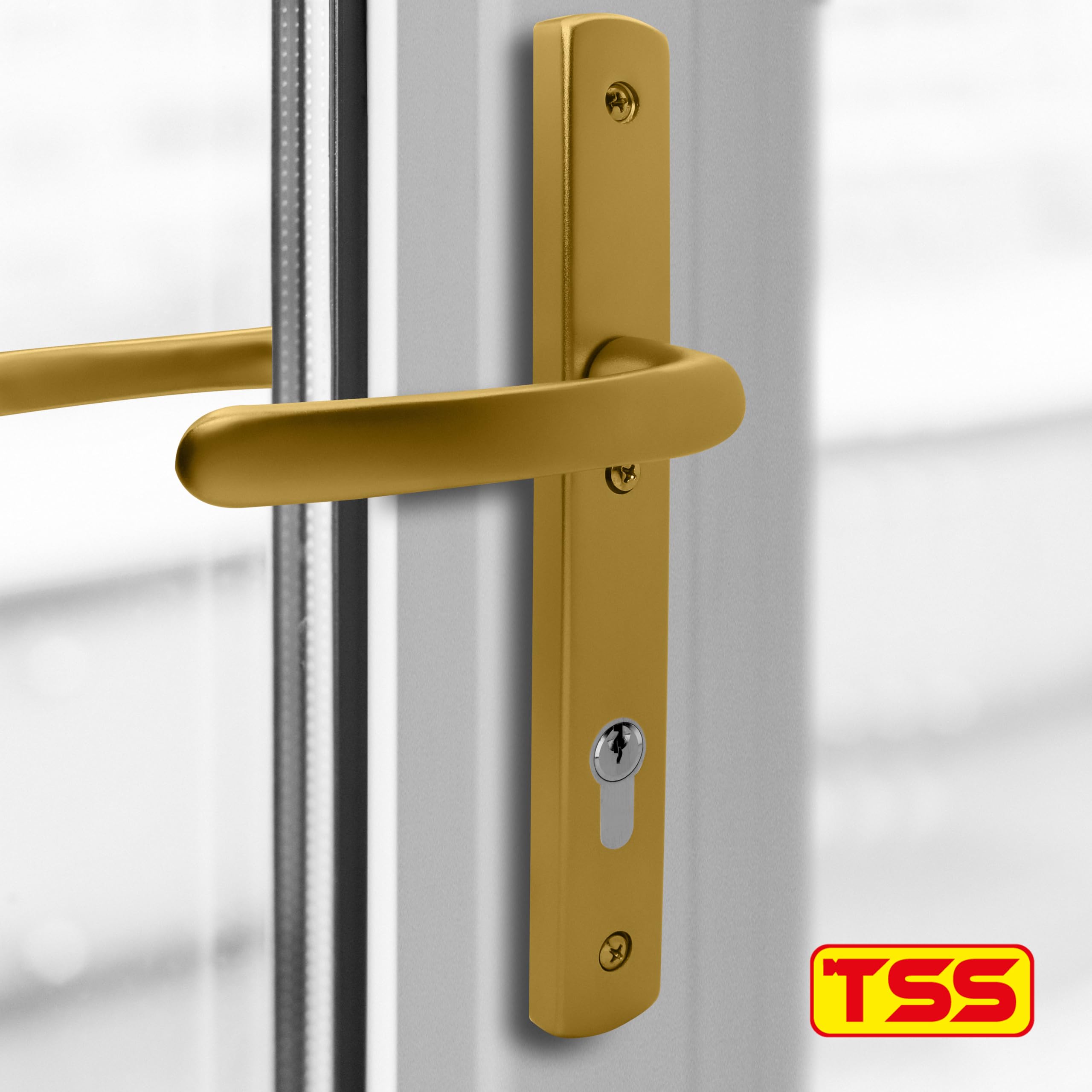 TSS Gold UPVC Door Handle Pair Set, 92mm PZ (Centres), Sprung, Lever Lever, 215mm Top to Bottom Screw (Screw Centres) - Image 2
