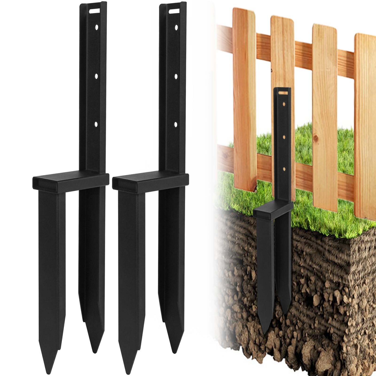 �️Ertuohg 2PCS Fence Post Repair Kit, Heavy Duty Anchor Ground Spike with Double Pointed Design for Fixing Leaning or Br