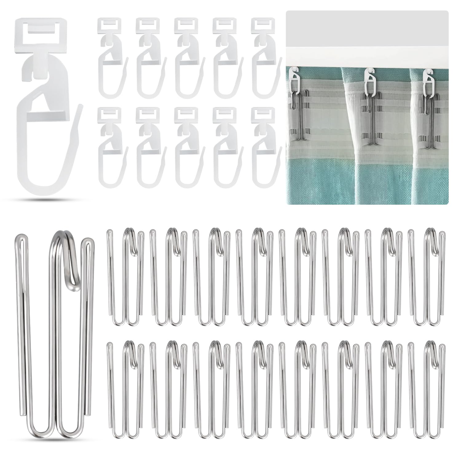 Set di 80 ganci per tende a 4 denti in acciaio inox, 40 ganci pieghevoli per tende, 40 ganci per tende, ganci per tende, accessori decorativi (5,8-7 mm)