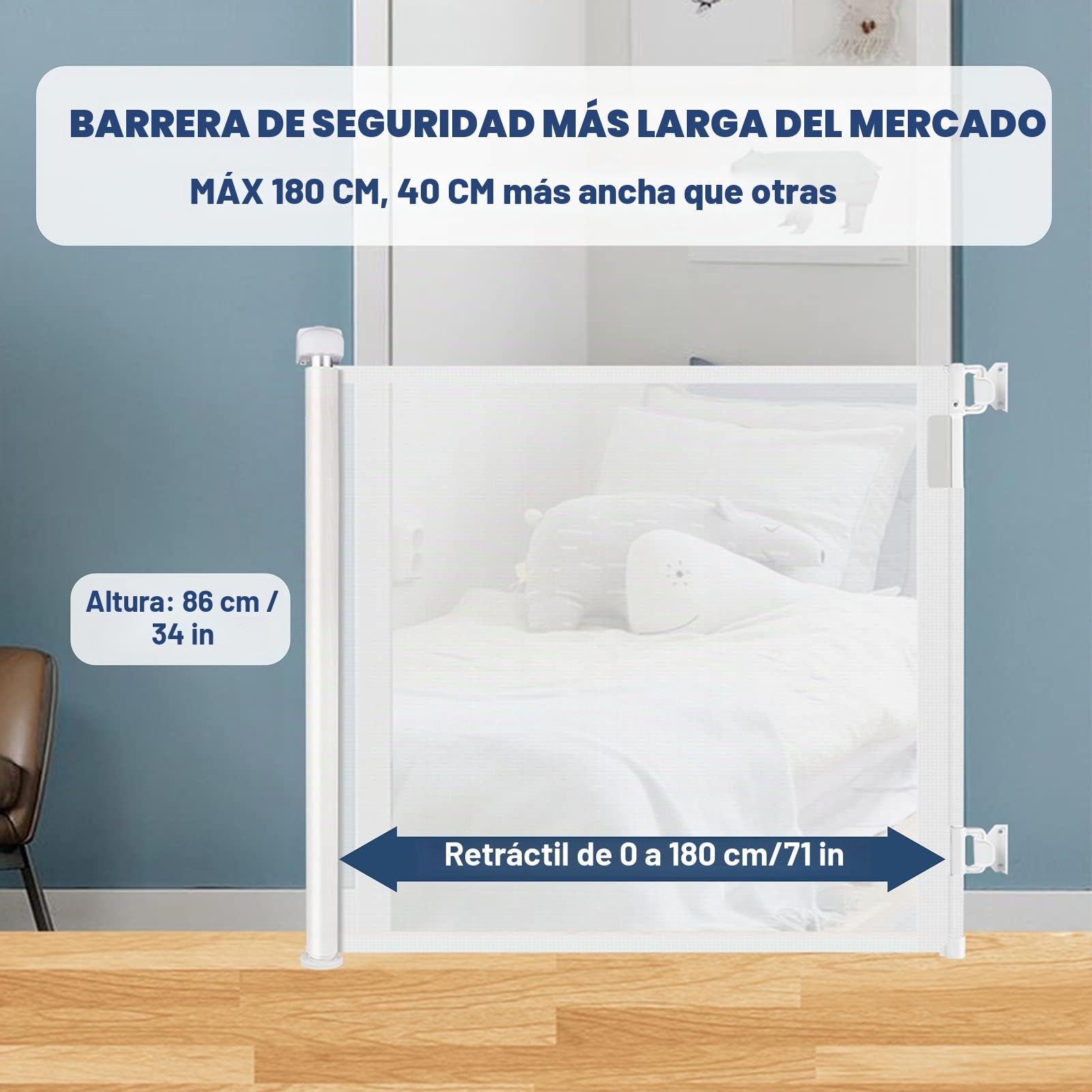 HollyHOME Barrera Seguridad Niños Escalera, 180 cm, Extra Ancha, Operación con Una Sola Mano, Puerta Seguridad Extensibles Bebés o Mascotas para Escaleras, Pasillos, Interiores y Exteriores, Blanco