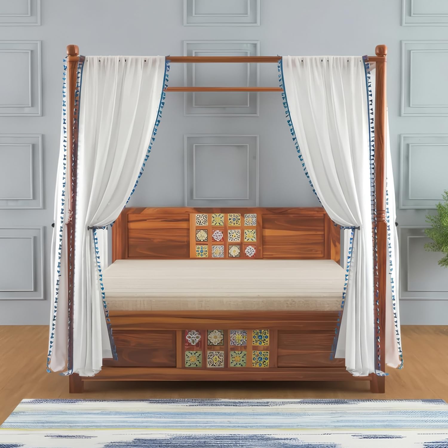 Solid Wood Sheesham Chitra King Size Poster Bed with Box Storage for Bedroom Furniture | Wooden Double Bed Cot Palang for Home Living Room and Hotels (Honey Finish)