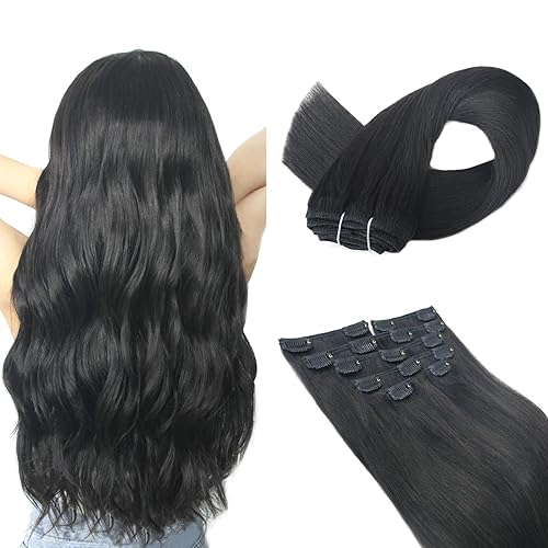 Atbering Extensiones de cabello humano real con pinzas, sin costuras, color negro azabache, extensiones de cabello lacio Remy natural, para cabello