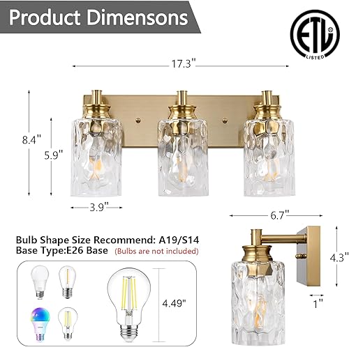 Miniatura 2 de Lámpara de tocador de baño de 3 luces, moderna lámpara de baño dorada cepillada sobre espejo con pantalla de vidrio martillado para cocina y pasillo