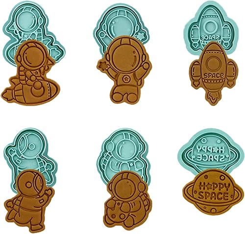 Miniatura 8 de Astronaut - Juego de cortadores de galletas 3D con sellos de émbolo, 6 piezas de cortadores de galletas prensables de dibujos animados con forma