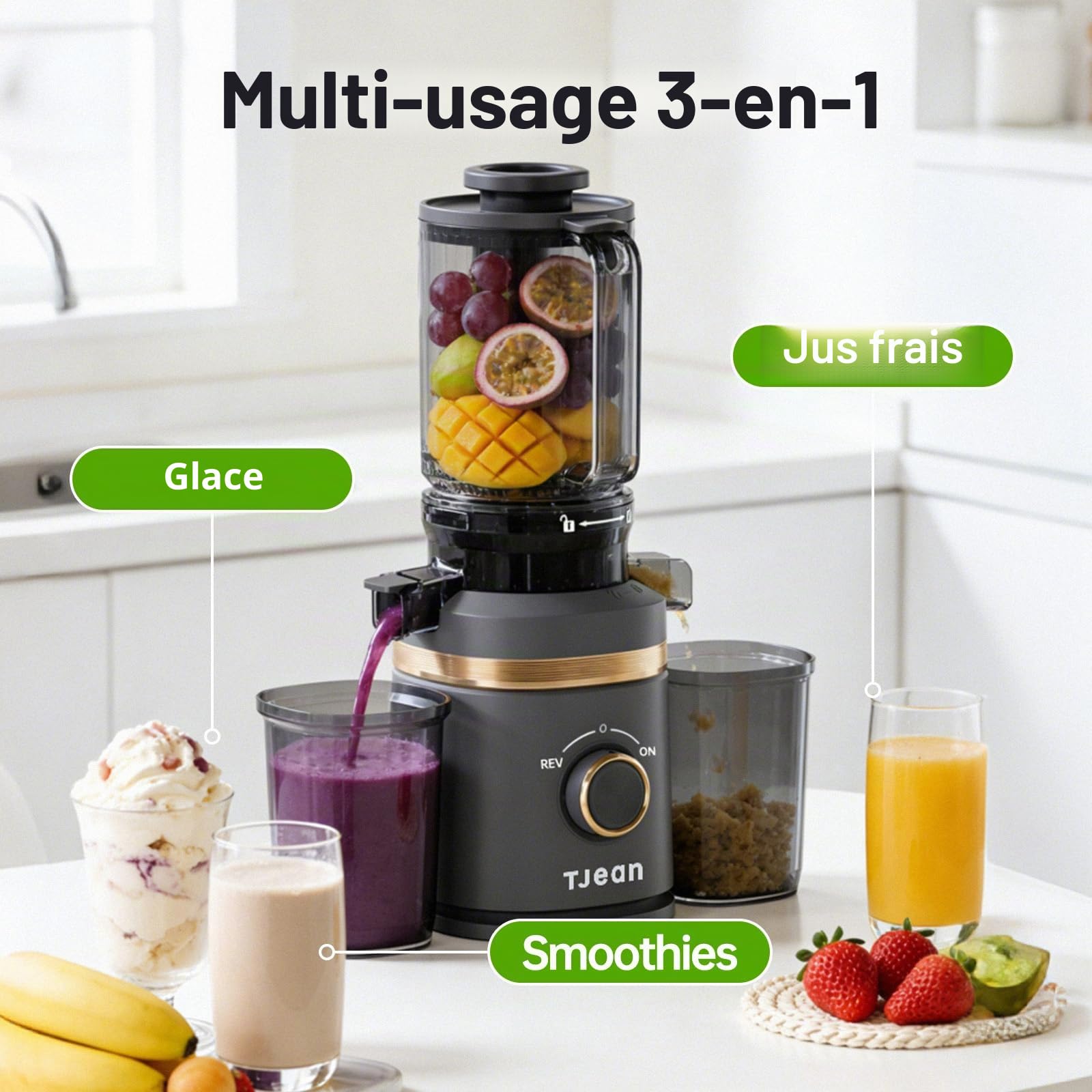 Extracteur de jus à froid lent TJean 110 mm pour fruits et légumes entiers, haut rendement, faible consommation d'énergie