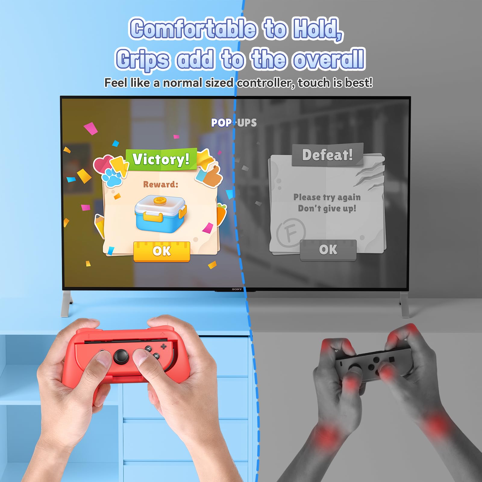 FASTSNAIL Lot de 4 Poignées Compatible avec Nintendo Switch&OLED, Grip Compatible avec JoyCon Interrupteur avec 12 Capuchons de Préhension pour Pouce(Noir, Bleu et Rouge)