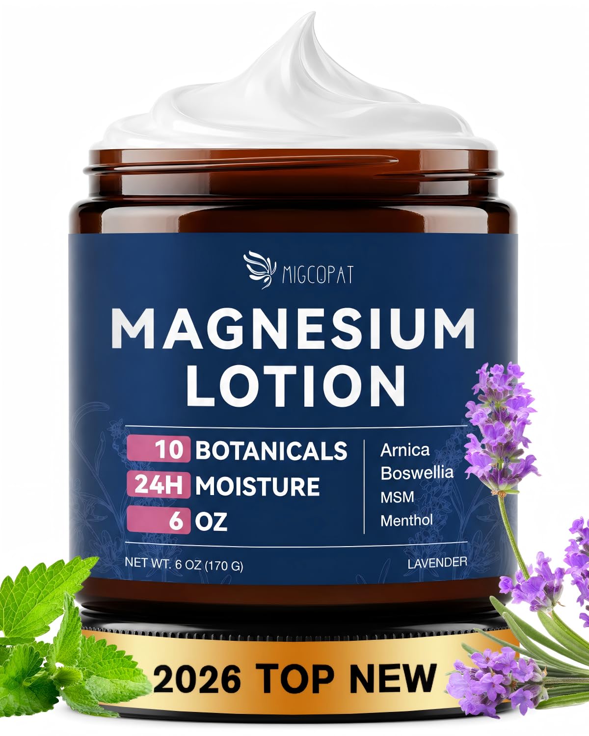 Migcopat Magnesium Lotion with Arnica, MSM & Hyaluronic Acid, Lavender, 6oz
