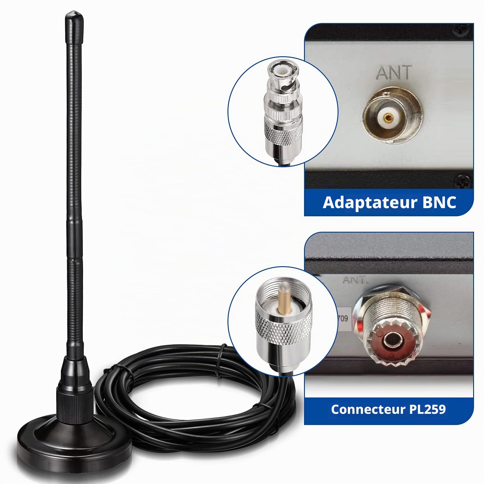 Bingfu Antenne CB Veicolare 27 MHz Fouet Souple Connecteur UHF PL259 et BNC